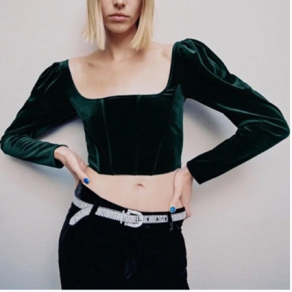 Zara Crushed Velvet Velour Corset Long Sleeve Top Forest/Emerald Green Medium